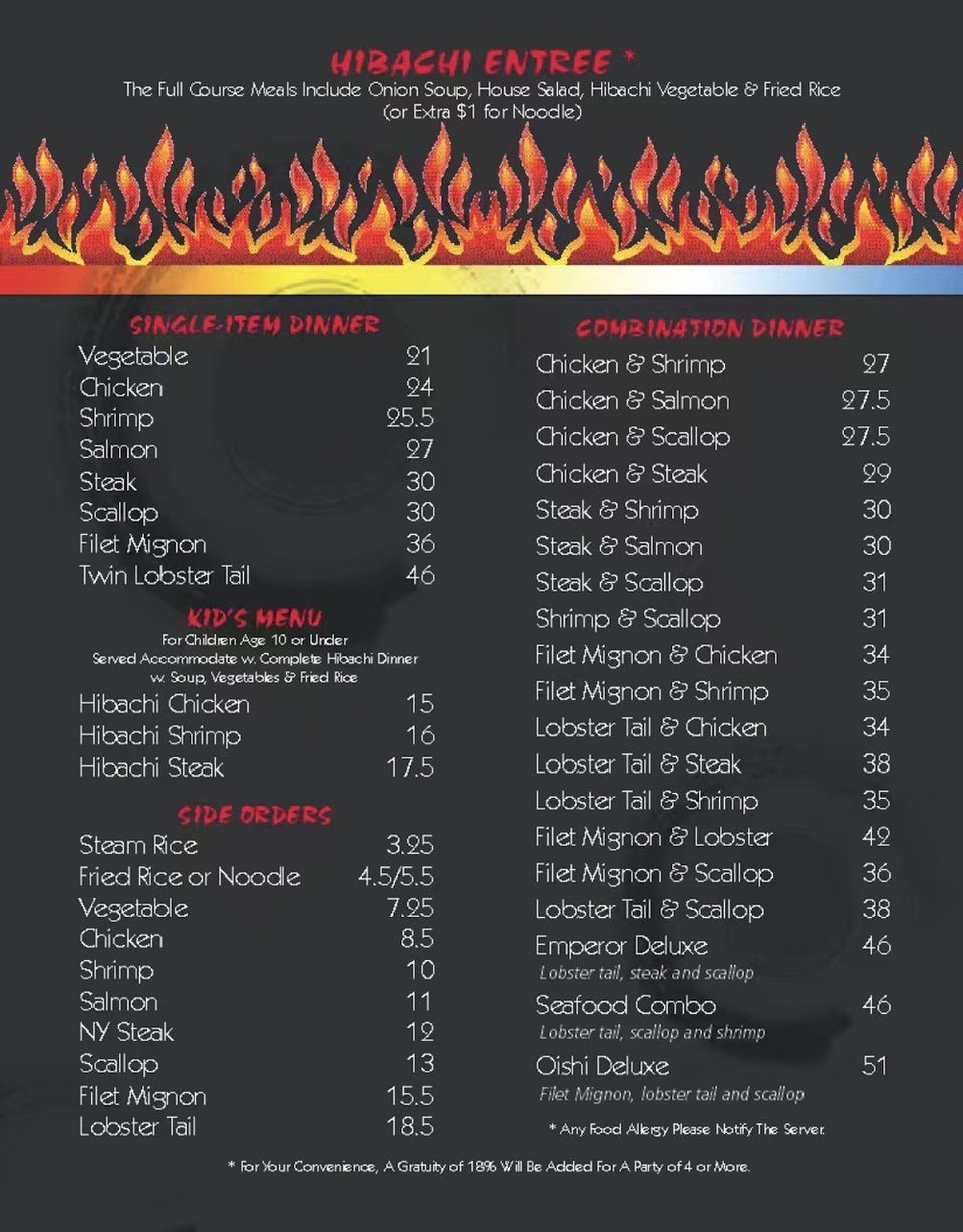 Menu page showing salads, soups, and sushi appetizers.